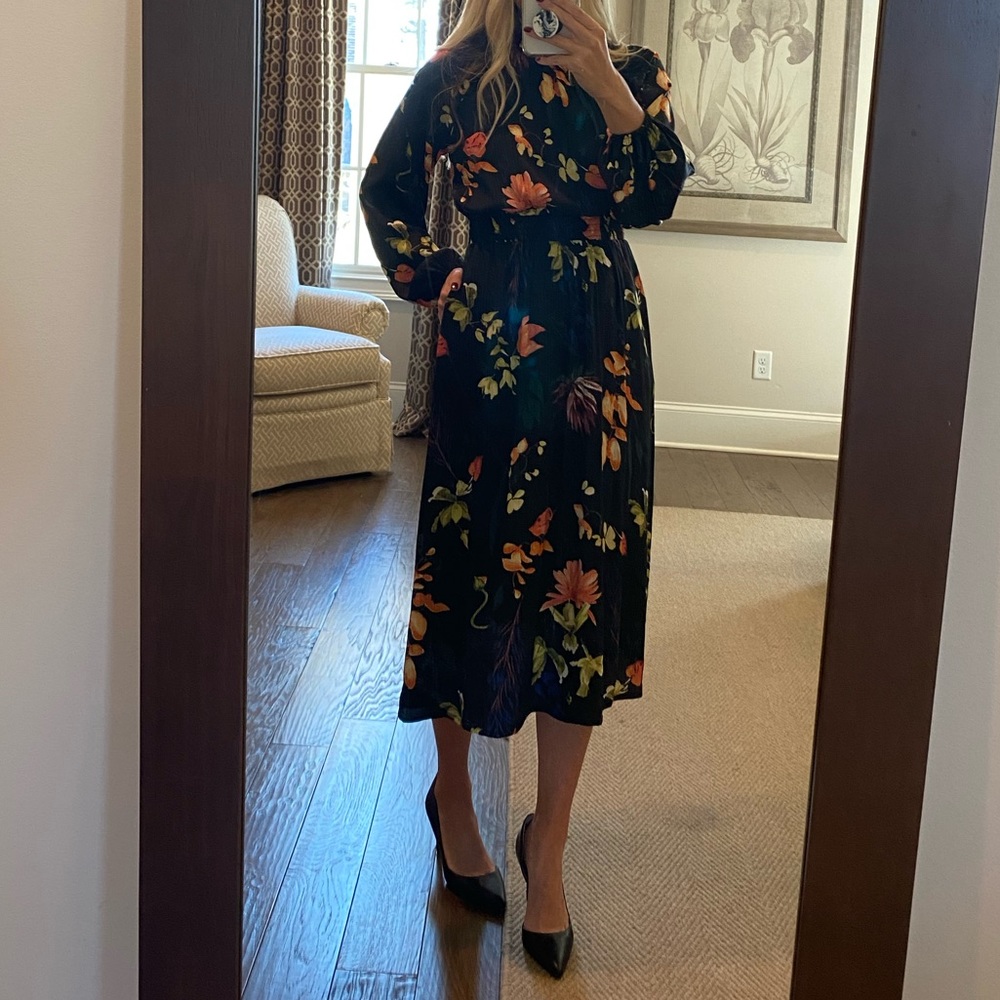 A New Day mock neck floral black midi dress xs